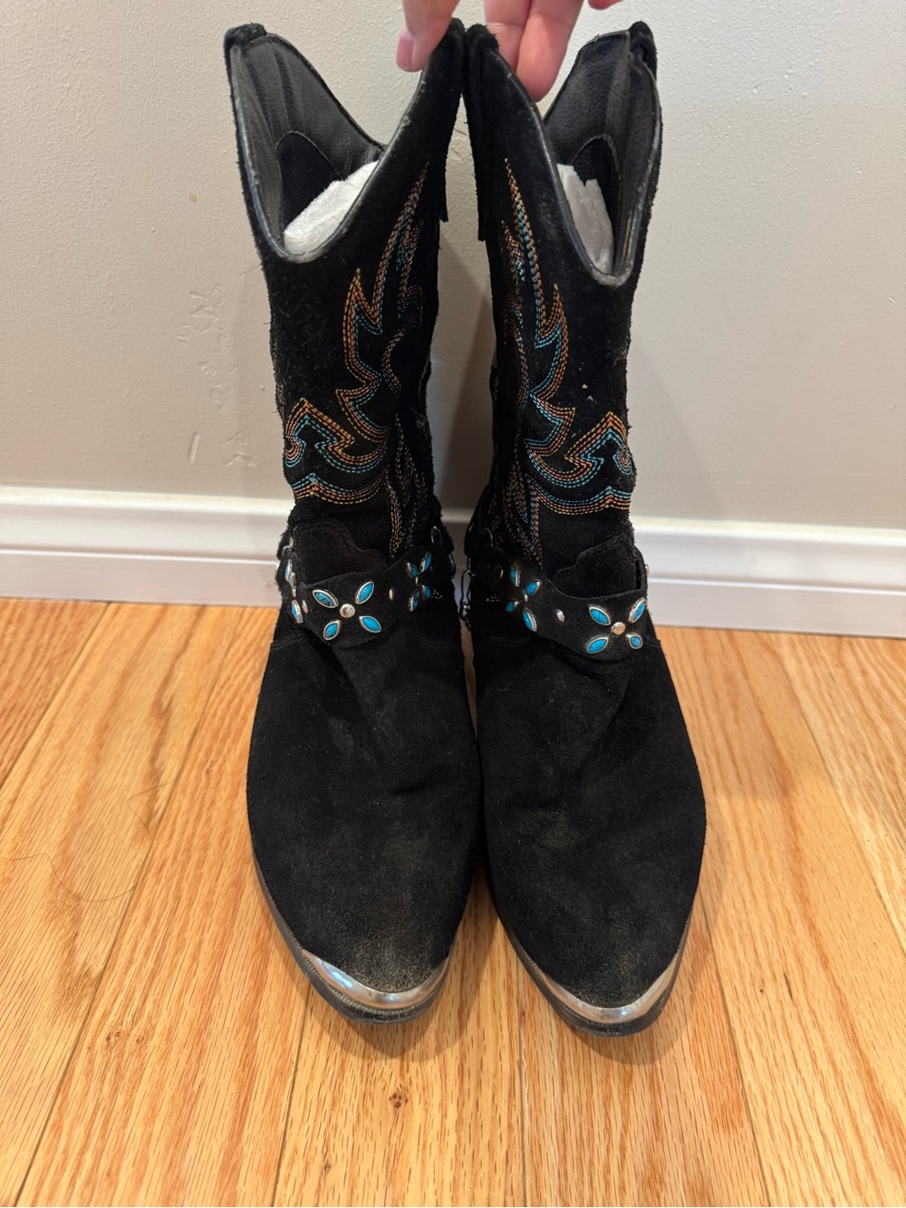 Women’s Black Suede Western Ankle Boots with Turquoise Embellishments